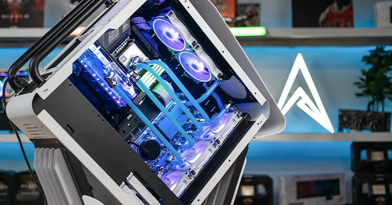 An Allied M.O.A.B gaming desktop with a huge range of options including Hardline Liquid cooling, part of our custom gaming PCs lineup.